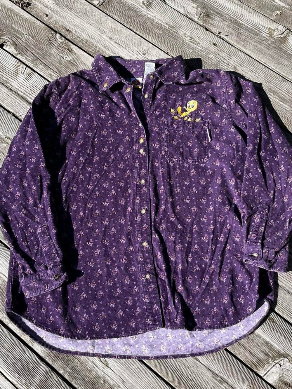 Looney Tunes purple floral corduroy Tweety Bird button up